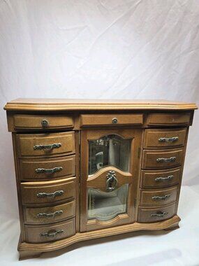 Vintage Wooden Large Jewelry Armoire Cabinet Tabletop Mirror Door Chest Rustic